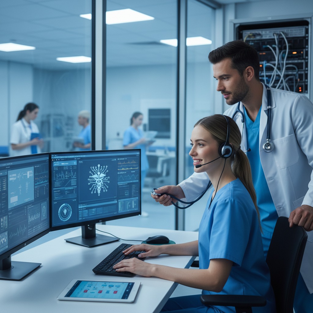 A male doctor and a female nurse in blue scrubs work together at a computer station displaying medical data in a modern hospital office.